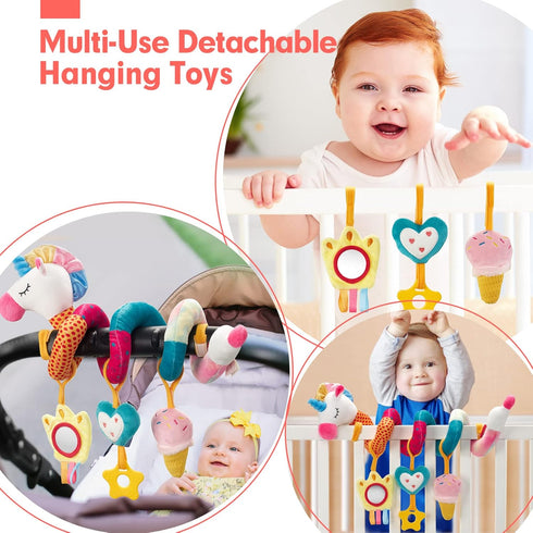 hahaland Car Seat Toys for Babies 0-6 Months Girl - Rattle, Mirror, Crinkle, Squeaky Stroller Toys for Development