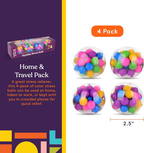 Squishy Stress Ball Squeeze, Color Sensory Toy for Tension Relief, Fun for Kids and Adults (4-Pack)
