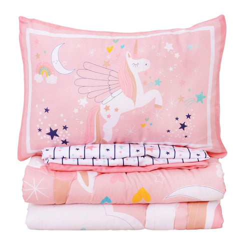 Set 4 Set Set Cloele Pink Crib Bedding for Girls- Piece Unicorns Baby Comforter Bed Includes Crib Skirt Quilt Fitted