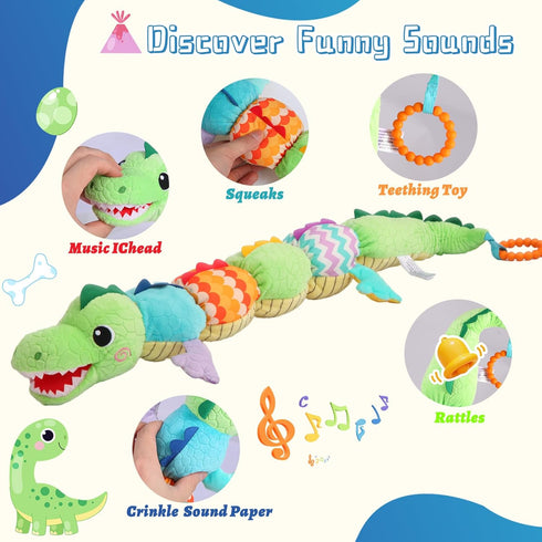 TLQSM 0-6 Tummy 3-12 Baby Sensory Green Dinosaur Plush Musical Rattle Toy with Rustling Sounds for Infant Months, Time