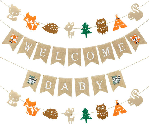 Boao 4 Pieces Baby Shower Decorations - Welcome Baby Woodland Banners Forest Animal Garland