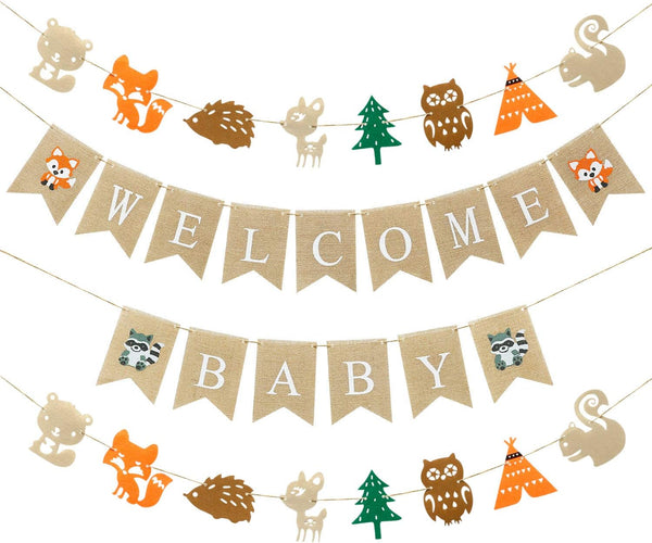 Boao 4 Pieces Baby Shower Decorations - Welcome Baby Woodland Banners Forest Animal Garland