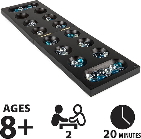 Legacy Deluxe Mancala Classic Game with Folding Wooden Game Board and Colored Glass Stones, Family Game for Ages 8 and up