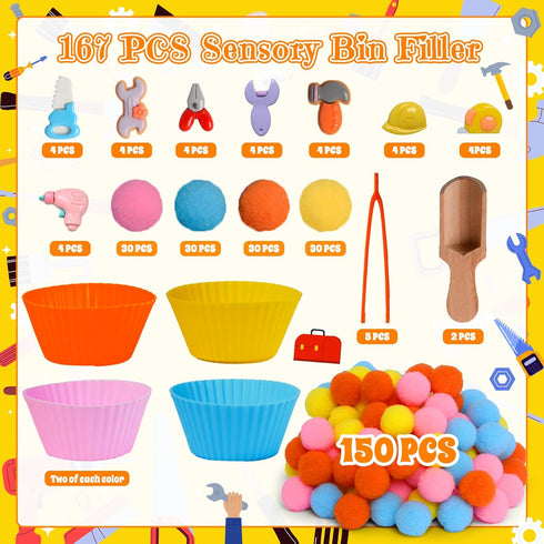 167pcs Hammer Tool Sensory Bin Filler Fine Motor Toys Kids Tool Box Sensory Bin Items Tape Measure Toy Drill Pliers
