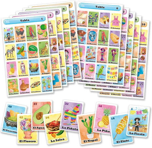 Fiesta Bingo Game Set in Spanish - Mexican Bingo for 10 Players with 10 Boards and Full Deck of Cards
