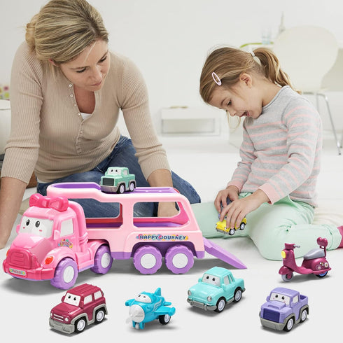 9-in-1 3 Cartoon Vehicle Toy for Toddler Girl, Pink Carrier Truck for Baby Girls, Friction Power Transport Car