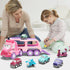9-in-1 3 Cartoon Vehicle Toy for Toddler Girl, Pink Carrier Truck for Baby Girls, Friction Power Transport Car