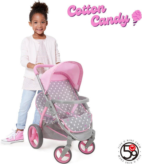 509 18", 2 3+ Crew: Cotton Candy Pink: Twin Tandem Doll Stroller - Pink, Grey, Polka Dot - Dolls Up to Holds Dolls