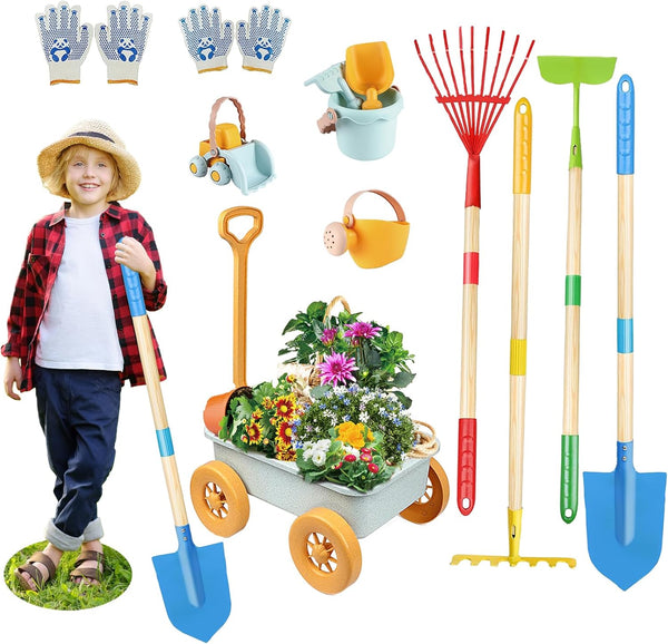 Mostop Kids Gardening Tools Outdoor Toys with Wheelbarrow, Kids Wheelbarrow Outside Toys