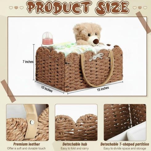 CroBlissful Large Wicker Diaper Caddy Organizer - Woven Paper Rope Storage Baskets Diapers Nursery Bin with Removable