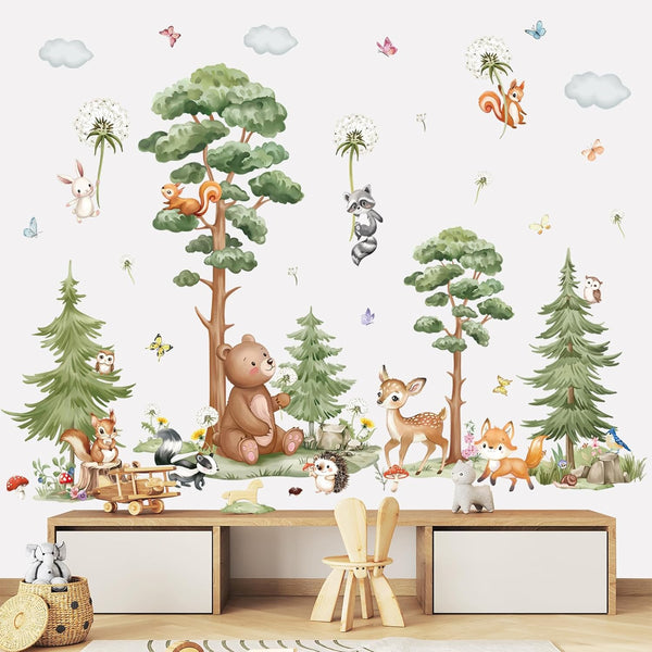 wondever Large Woodland Animal Tree Wall Stickers Forest Animals Bear Deer Dandelion