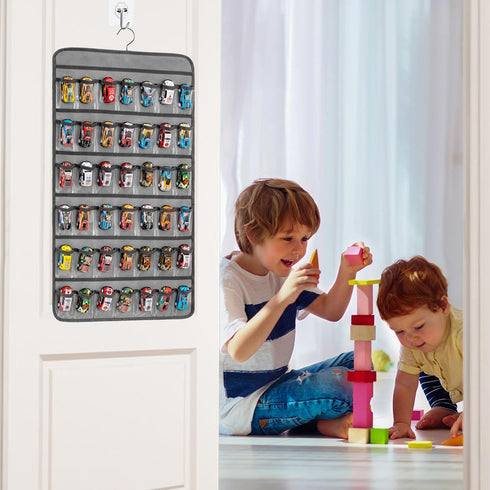 Toy Cars Wheels Storage Holder, Dual Sided Hanging Organizer Display Case for Matchbox Cars with 84 Clear Pockets (Grey)