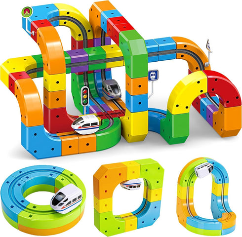 Set 3D 360 3-12 55PCS Electric Train for Kids, Infinity Racer Snap-Fit Cube Track Toy, DIY STEM Rail Cube Monorail
