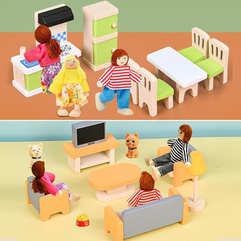 36PCS Set 4 5 3 4 5 6, HAPGFS Wooden Dollhouse Furniture with Flexible Family Dolls - Room Realistic Doll House