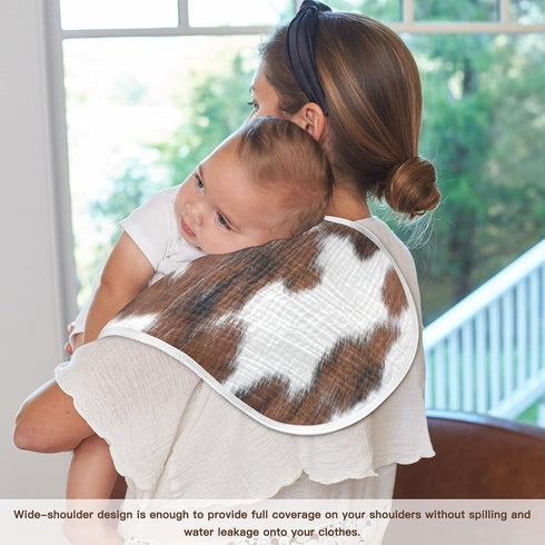 WELLDAY Set 4, 22 11 Inch Muslin Baby Burp Cloths of Soft Absorbent White Brown Print Cow Muslin Washcloths, Bibs, Face