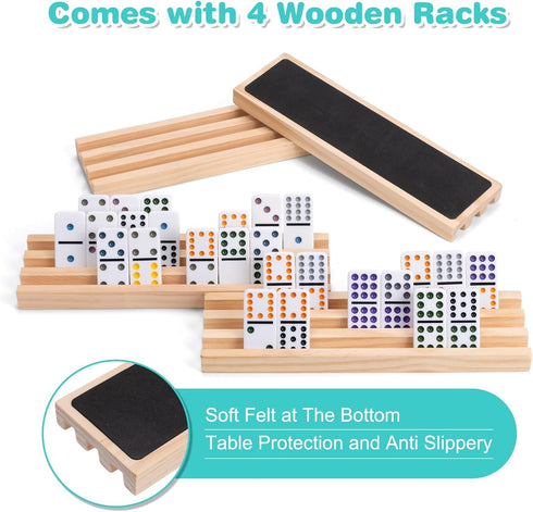 Set 4 12 91 9 Mexican Train Dominoes with Wooden Racks, Double Dominos Game with Dot Tiles, Trains, Hub, Classic Family