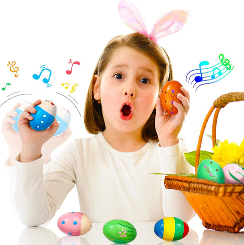 8 PCS Easter Wooden Eggs Shakers, Musical Instruments Decorations, Maracas Craft for Kids, Basket Stuffers