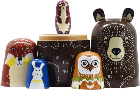 Tphon Russian Nesting Dolls Bear Wooden Matryoshka Dolls, Handmade Cartoon Animals Pattern Set of 5