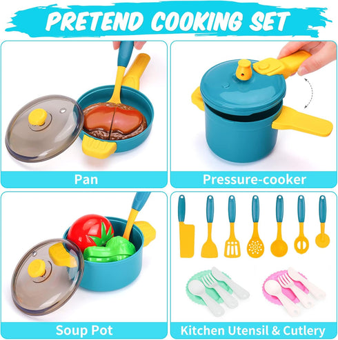 Meaicezli Set, Set, Playset Kids Play Kitchen Accessories Pretend Play Cooking Toys Kitchen Toys for Toddlers, Toy Pots