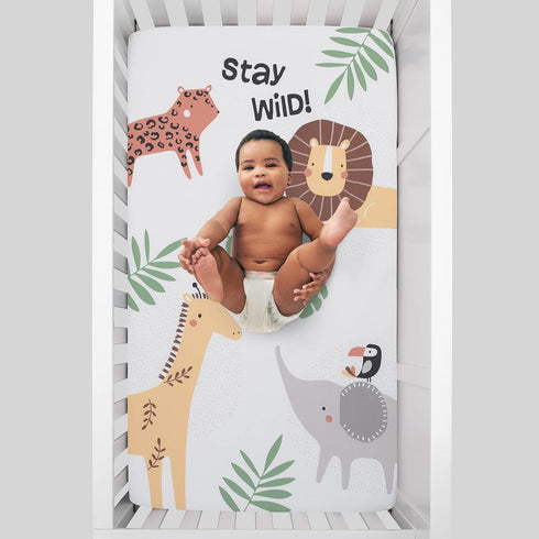 NoJo Jungle Trails White, Green, & Gold Stay Wild Animal Print with Leaves Photo Op 100% Cotton Nursery Fitted Crib Sheet, Grey, Green, Gold, White by NoJo