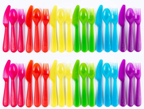 Kids Plastic Dinnerware Set of 36, Multi Color Flatware (Spoons, Forks, Knives), Reusable, BPA-Free, Dishwasher Safe