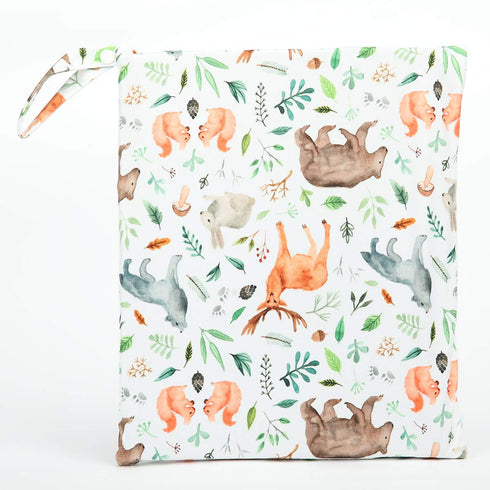 Baby Wet Dry Bag Reusable Cloth Diaper Nappy with Two Zippered Pockets (Watercolour Animals)