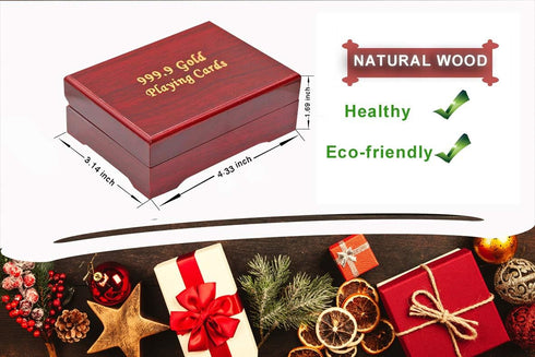 Mahogany Wooden Gift Box Case Holder with Luxury 24k Gold Plated Waterproof Playing Cards, 1 Deck for Poker