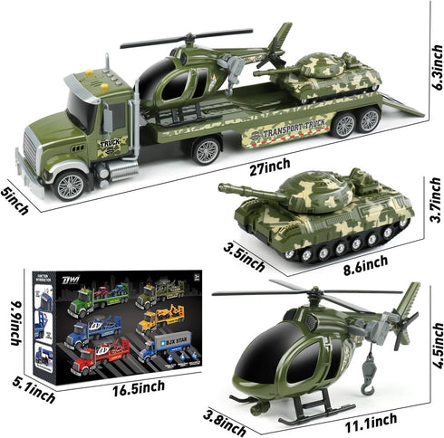 27" 3 4 5 6 Dwi Dowellin Large Friction Powered Military Truck Car Toy with Helicopters and Tank,Army Semi Truck Toys