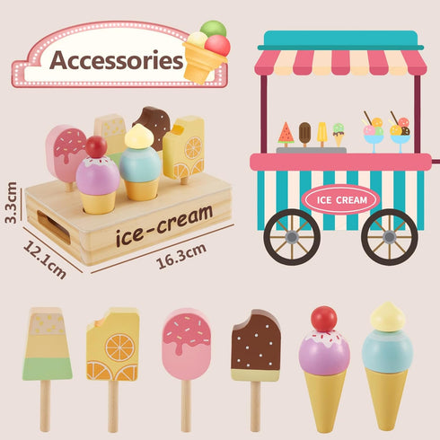 Playset 3 4 5 HERSITY Wooden Ice Cream Stand for Kids, Ice Cream Popsicle Toy Pretend Play Food Kitchen Accessories