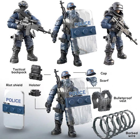 SWAT Model Equipment Assembly Building Block Toys, 8 PCS City Police Action Mini-Figures with Military Weapons