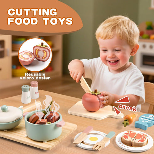 Toywoo Sets Playset Sets 3-5 Set) Wooden Play Kitchen Accessories Pretend Toy Pots and Pans for Kids Kitchen with Toy
