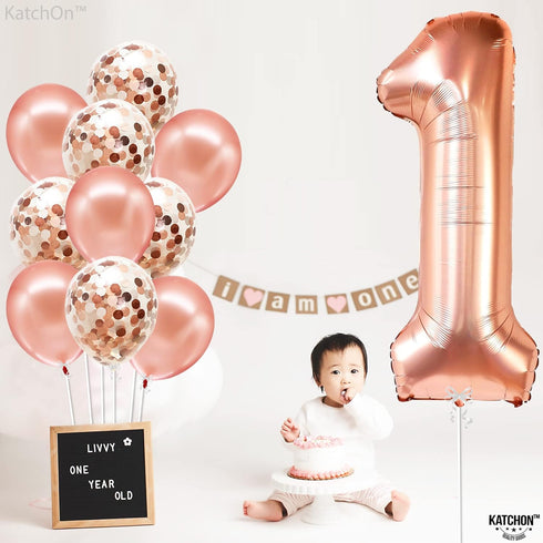 KatchOn Giant Rose Gold 1 Balloon Set - 40 Inch, First Birthday Decorations for Girl, Number One Balloon, Rose Gold