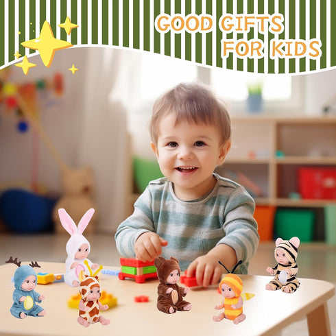 Vueos 6PCS 4inch Set 6 3+ Mini Dolls - Baby Doll with Animal Outfits & Accessories, Reborn Baby Dolls for Kids Role