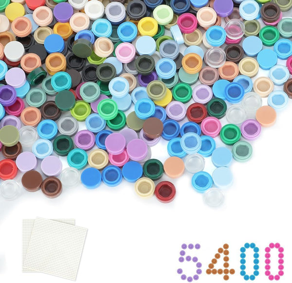 5400PCS Pixel Bricks, 1X1 Round Plates with 54 Colors and 2 Pack 10”x10” White Peel-and-Stick Baseplates Kit