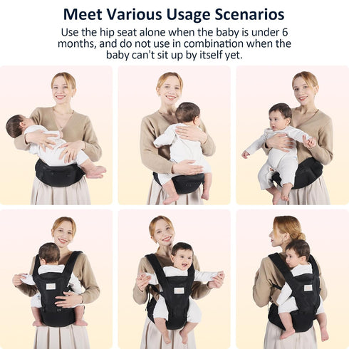 6-in-1 Baby Carrier with Hip Seat, Baby Carrier Newborn to Toddler, Detachable Hands-Free Infant Carrier, One Size Fits