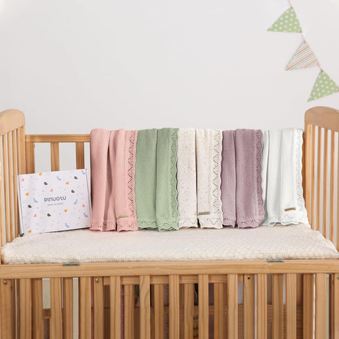 Knitted Baby Blanket, 100% Cotton Receiving Swaddle Crib Blanket, 40 x 31 Inch, White for Newborns