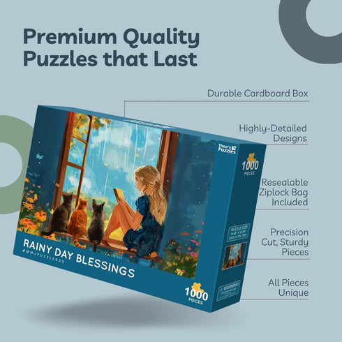 Theo's Puzzles Rainy Day Blessings Cat Puzzle - 1000 Piece High Resolution Jigsaw Puzzle for Adults