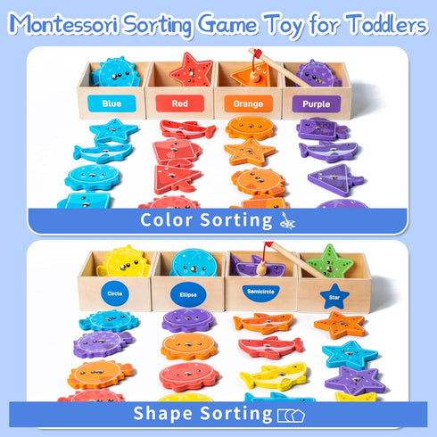 1-3,Wooden 3-5,Preschool Montessori Fishing Game for Toddler Magnetic Fishing Game,Early Educational-Shape & Color