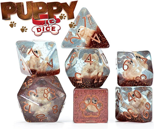 Gate Keeper Games and Dice: Inclusion Puppy Dice - 7pc RPG Set, Tan Puppy in Clear Resin
