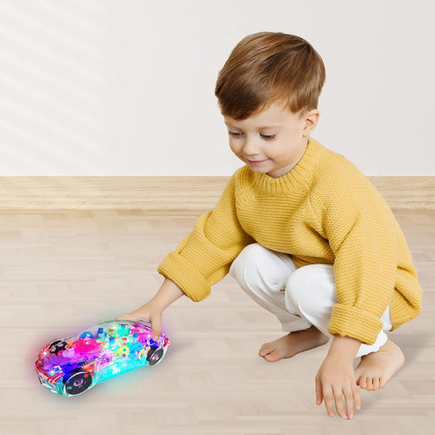 ArtCreativity Light Up Transparent Sensory Car Toy for Kids, 1PC Bump and Go with Colorful Gears and Music