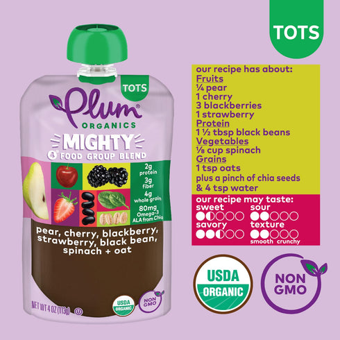 Plum Organics Mighty 4 Organic Toddler Food - 4 oz Pouch (Pack of 12) - Pear, Cherry, Blackberry, Strawberry, Black