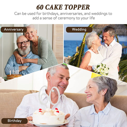 60th Birthday Decorations - 60 Cake Topper, Silver Rhinestone Diamond Bling Anniversary Wedding Cake Decoration
