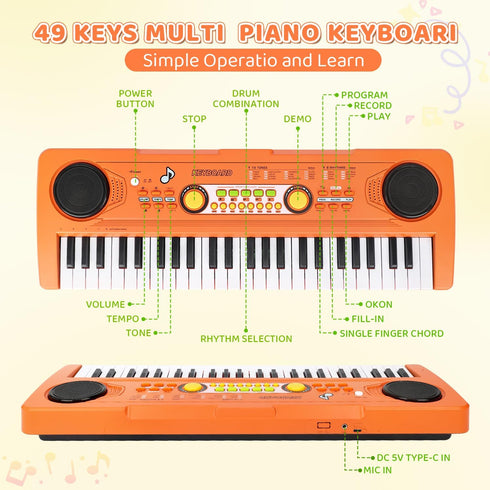 MusicForset 49 3 4 5 6 7, Kids Piano Keyboard with Microphone, Keys Portable Electronic Piano Keyboard for Kids