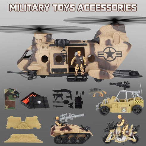 Set Playset, deAO Military Helicopter Toys Army Men Army Toys with Soldier Action Figures, Combat Truck, Motorcycle
