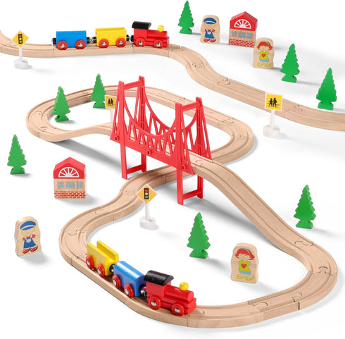 SainSmart Jr. Wooden Train Set for Toddler - Double-Side Wooden Tracks Fits