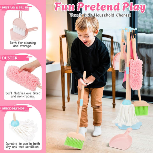 Set, Set 7 Set, 3+ Kids Cleaning Wooden Toddler Broom for Housekeeping, Pieces Montessori Cleaning Toys with Kids Broom
