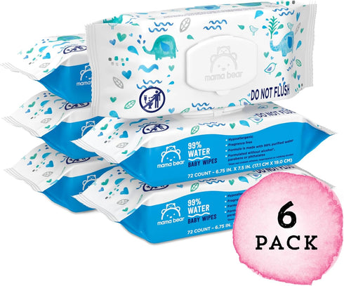 99% Free,72 Count (Pack 6) Amazon Brand - Mama Bear Water Baby Wipes, Hypoallergenic, Fragrance