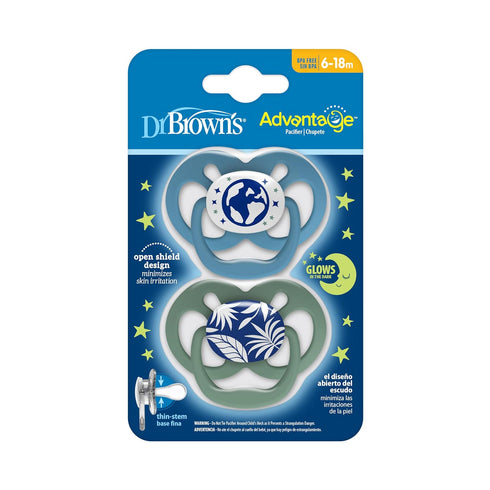 Symmetrical Bulb, 6-18m, 2 Pack Dr. Brown's Advantage Glow-in-The-Dark Baby Pacifier, Fully Soother with Soft Silicone