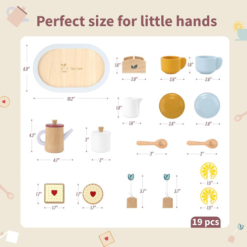 Set 19-Piece 3+ Wooden Tea for Toddlers, Dual-Flavour Pretend Play Tea Party Tray with Wood Cups, Lemon & Mint Tea
