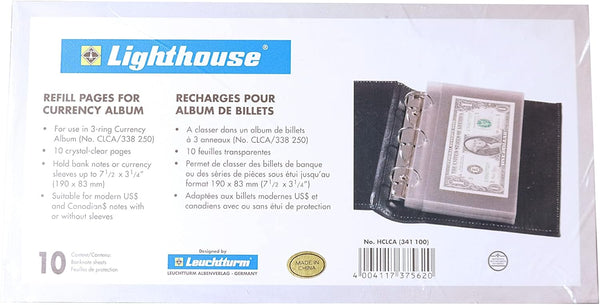 Lighthouse Pocket Currency Album Refill Pages for 3-Ring Binder, Pack of 10